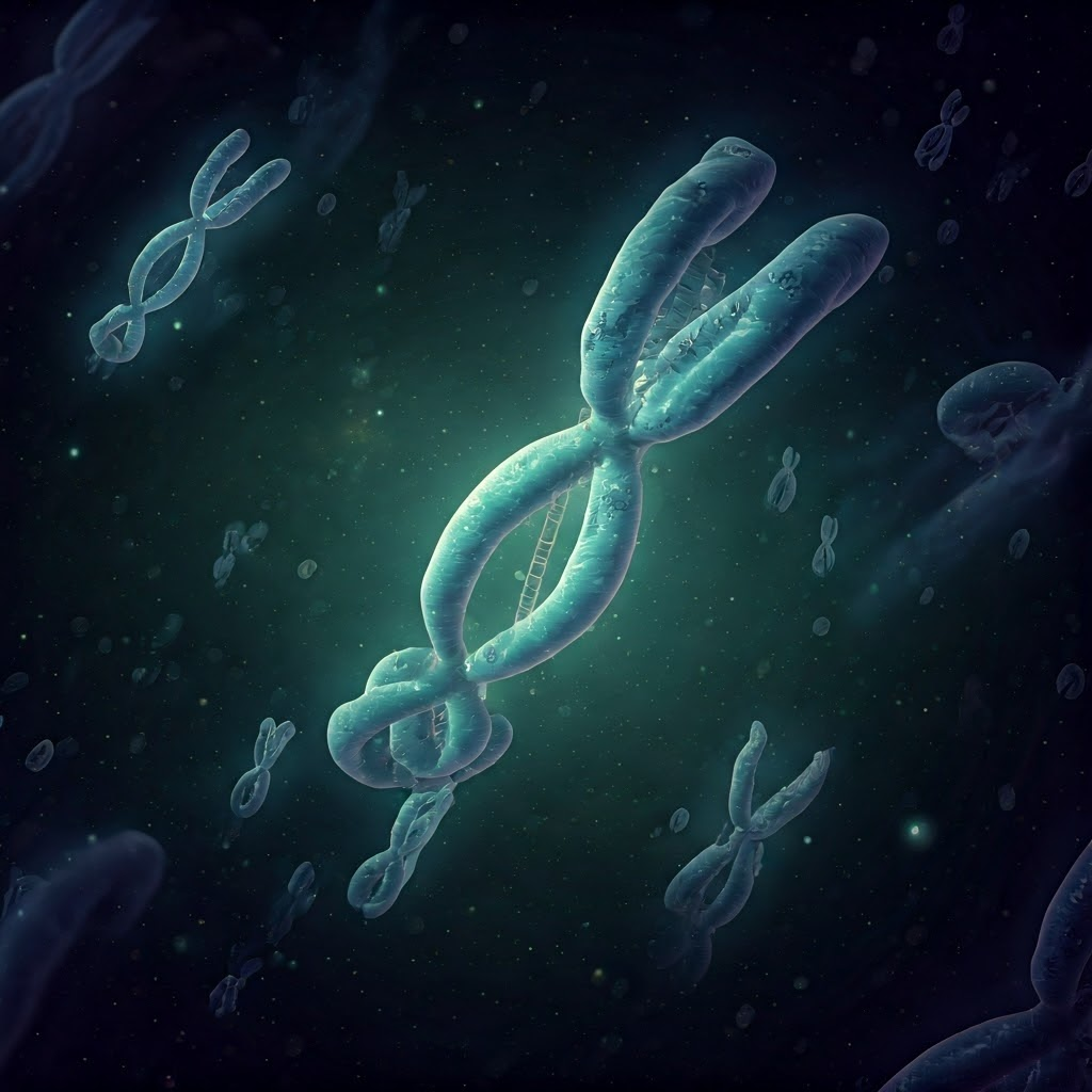 Colorful floating chromosomes labeled and linked by ladders, representing genetic organization