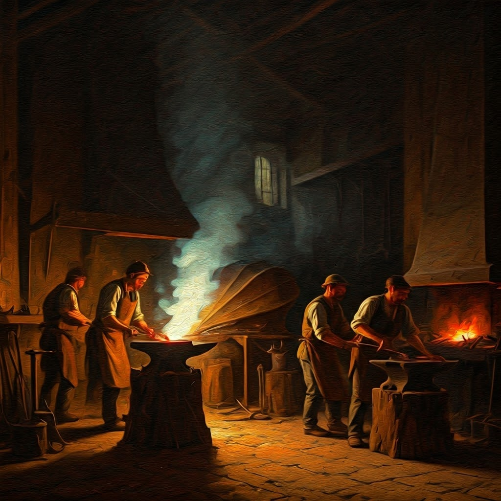 Blacksmith shop with apprentices working bellows, showing the effort behind small furnaces