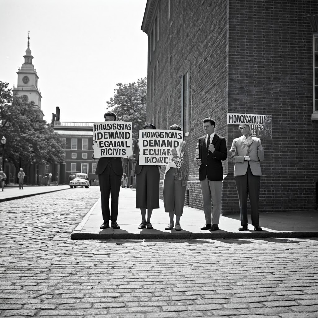 1965 activists in formal clothing hold equal-rights signs outside Independence Hall, demonstrating early LGBTQ picket lines.