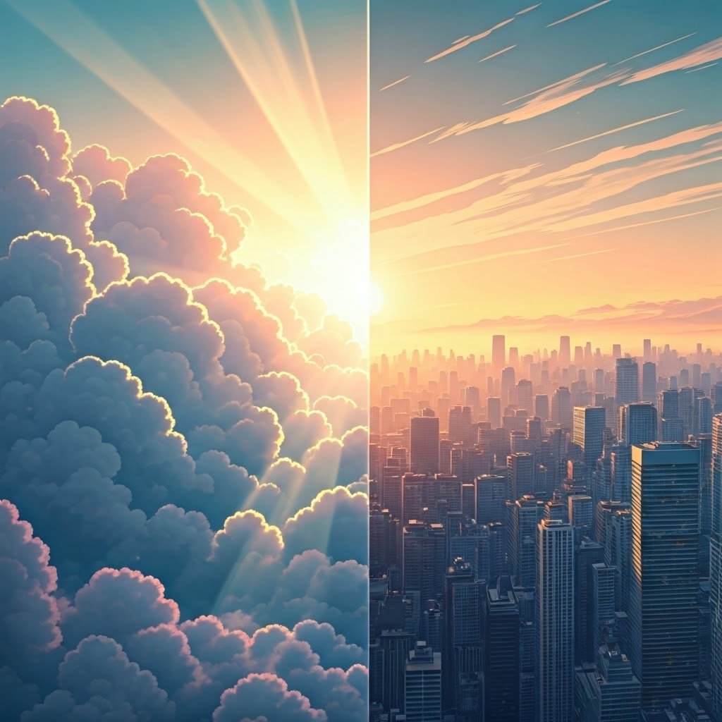 Split view of bright sky and hazy city, highlighting how weather and air quality change sunlight.