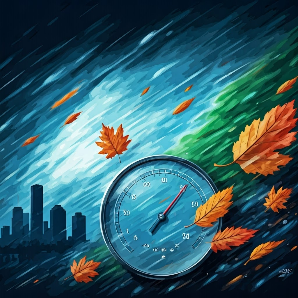 Urban mural with swirling winds, flying leaves, and a barometer needle swinging between H and L over a Houston skyline