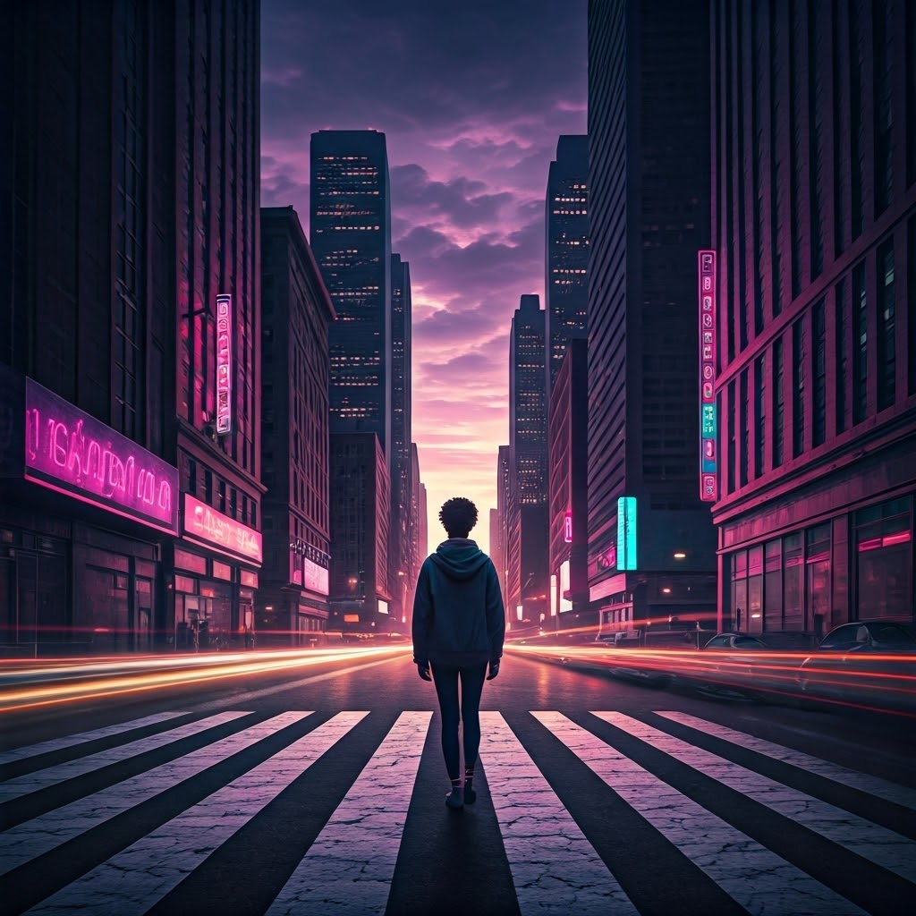 Black queer woman standing alone at a busy city intersection, symbolizing intersecting identities and challenges