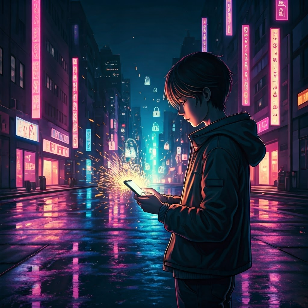 Young adult in a neon-lit city holds a phone while glowing data trails and padlock icons illustrate the need for mobile security.