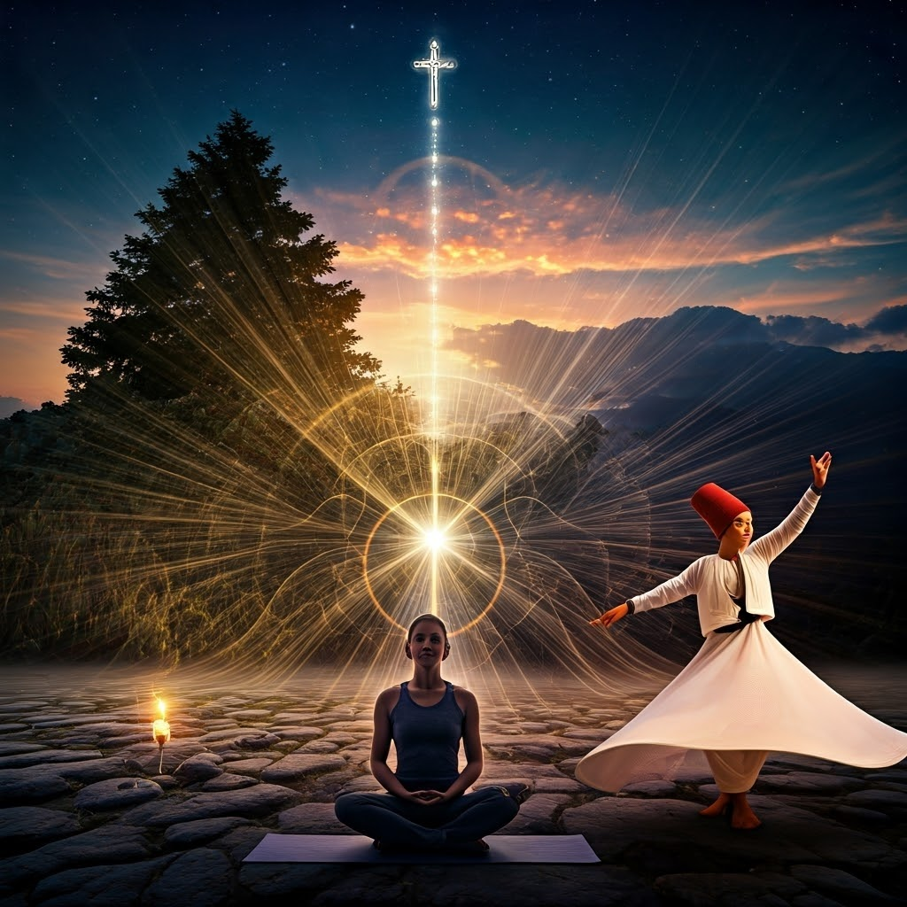Collage linking meditator, Zen garden, Sufi dancer, and praying nun with glowing threads under starry sky, symbolizing shared yearning.