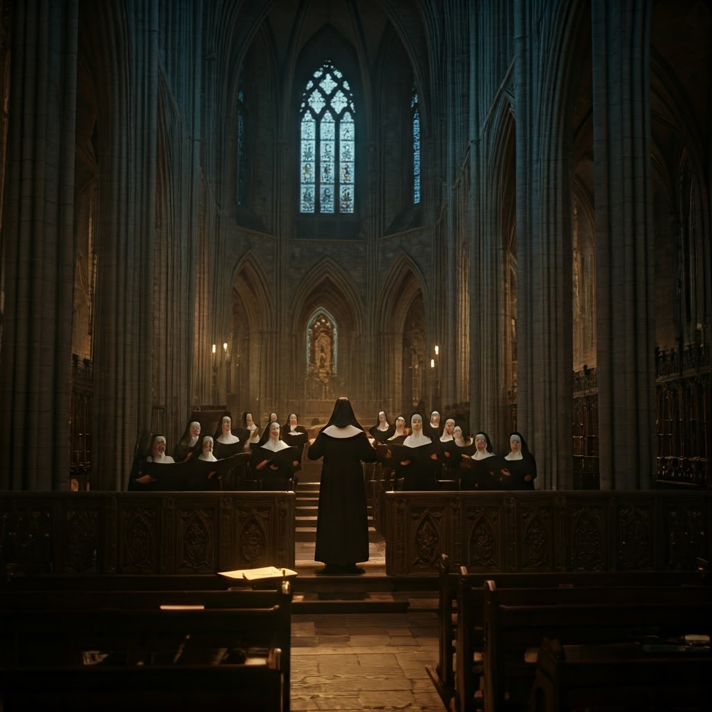Candlelit stone chapel where nuns sing from glowing manuscripts under Hildegard’s direction.