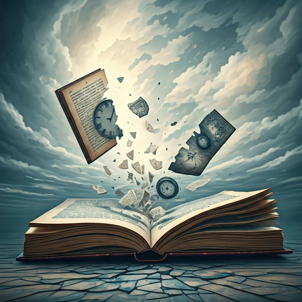 Surreal watercolor collage of journal pages tearing apart, floating words and broken clocks that suggest language collapsing.