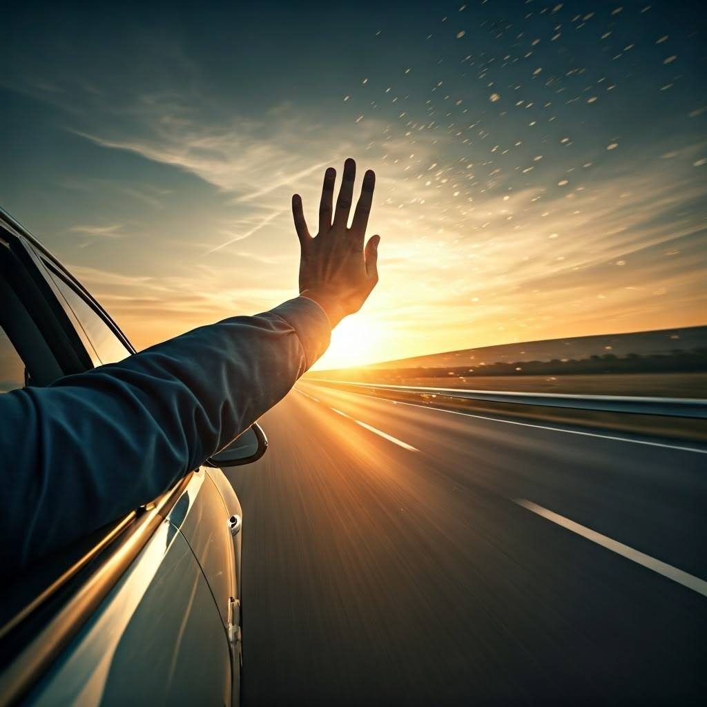 Hand outside a speeding car illustrating the push of fast-moving air.