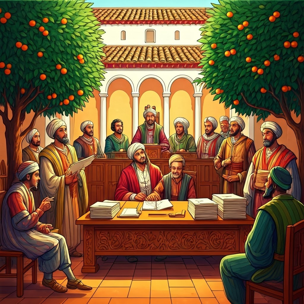 Courtyard tribunal scene where judges, foreign merchants, and interpreters debate under blooming orange trees