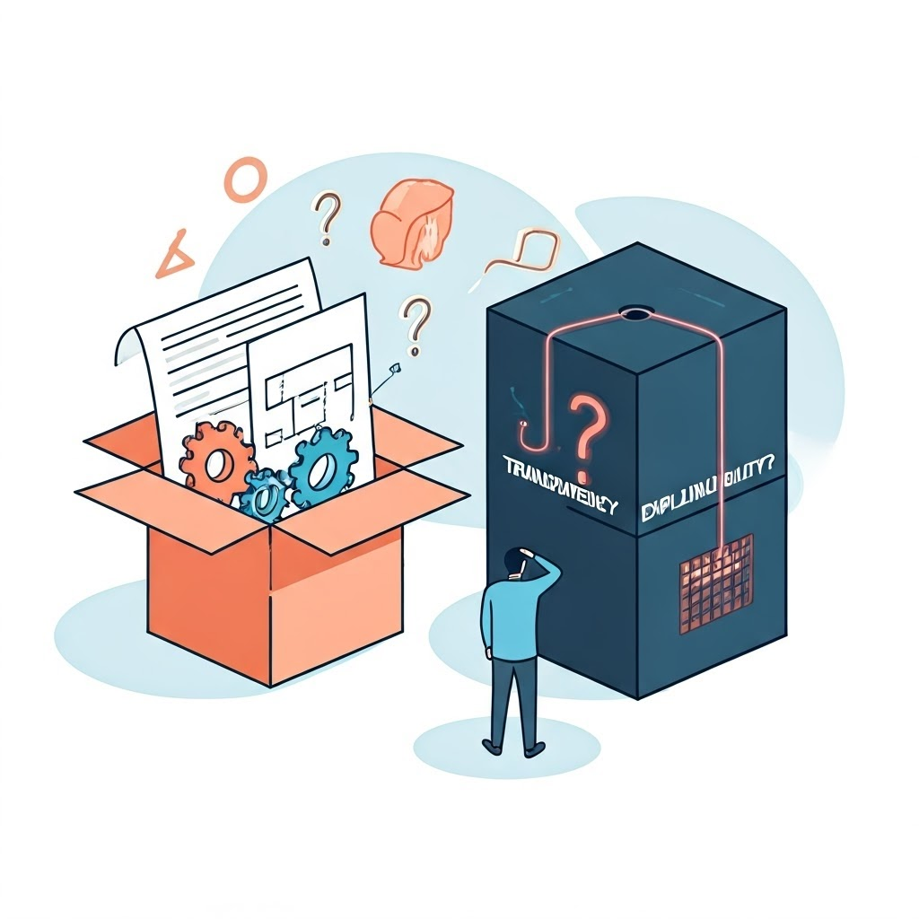 Minimalist illustration comparing transparent open AI box with sealed opaque box, questioning explainability.