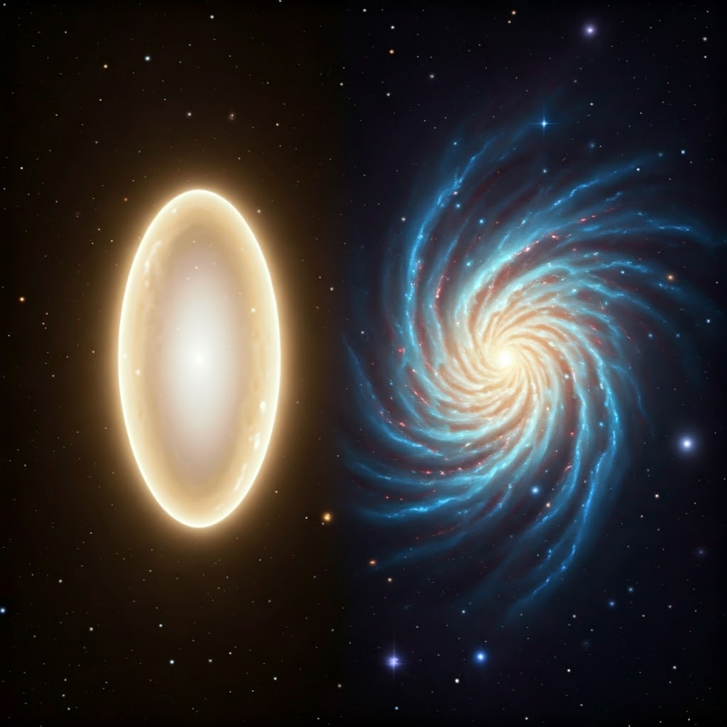 Digital painting contrasting a smooth yellow elliptical galaxy with a chaotic blue irregular galaxy set against a dark starfield.