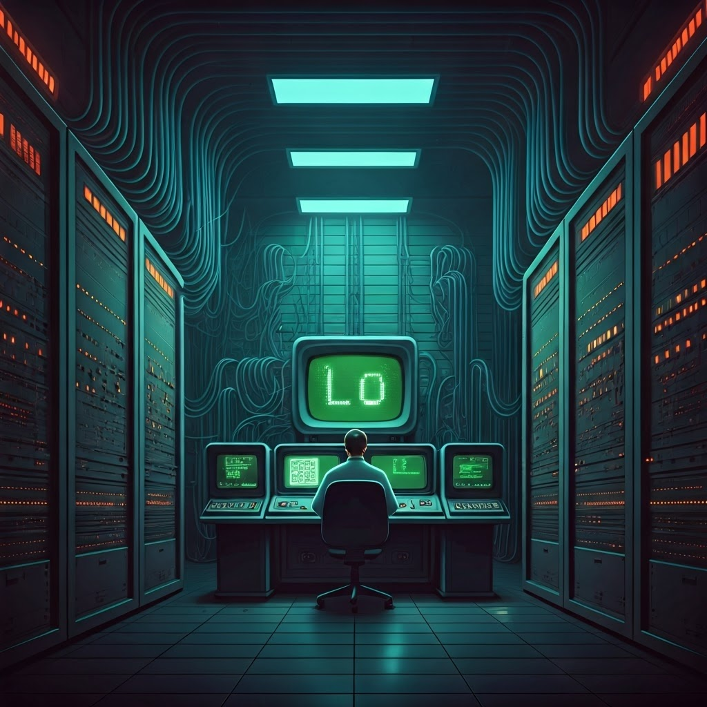 1960s lab with mainframes linked by glowing cables; two researchers watch the first 'LO' appear on a green screen, marking ARPANET’s debut.
