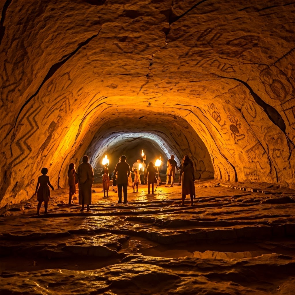 Inside a dim cave, torchlight reveals ancient paintings of animals, zig-zags, and handprints on rugged walls
