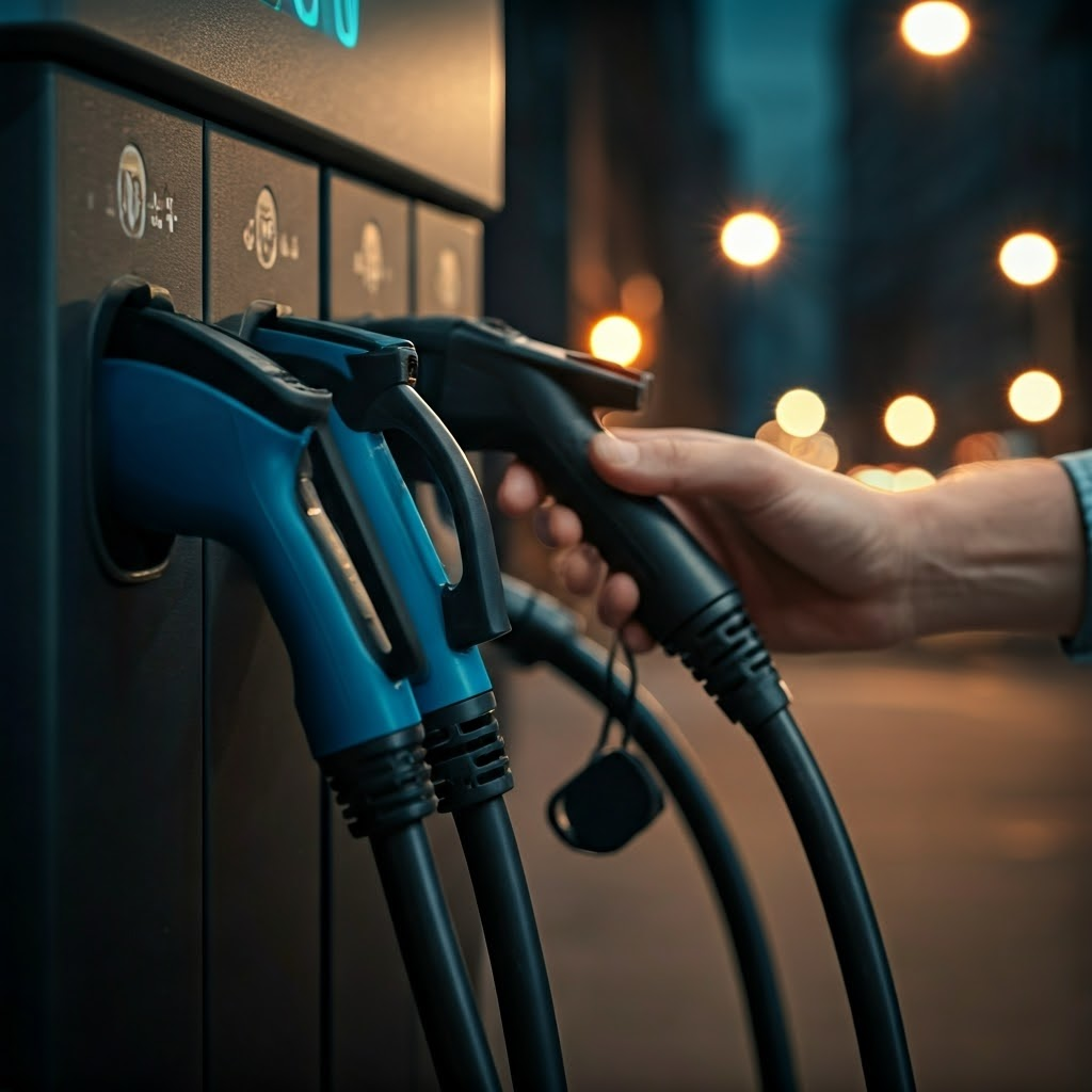 Three common EV plugs—CCS, NACS, CHAdeMO—ready on a public station, emphasizing connector choice