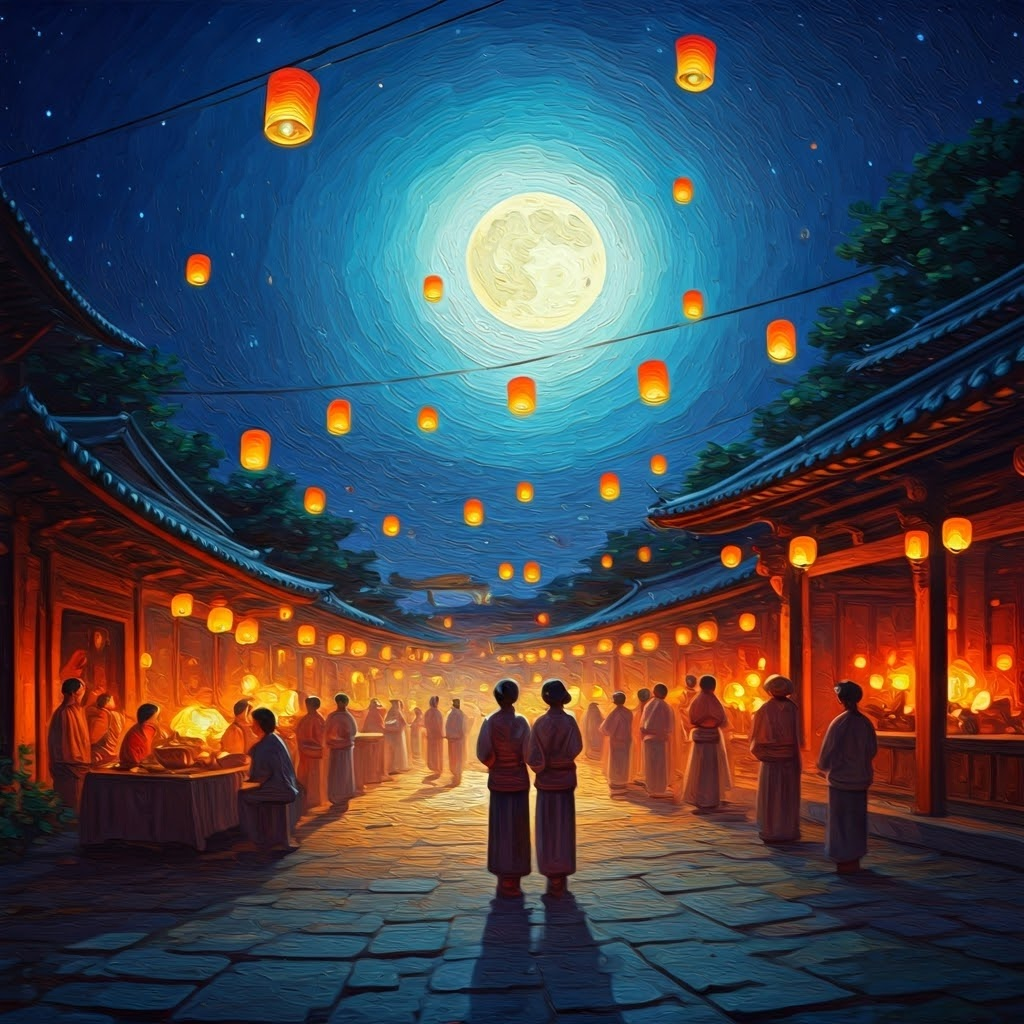 A lively festival under a glowing full Moon features lanterns and people in traditional dress, celebrating lunar-based traditions.