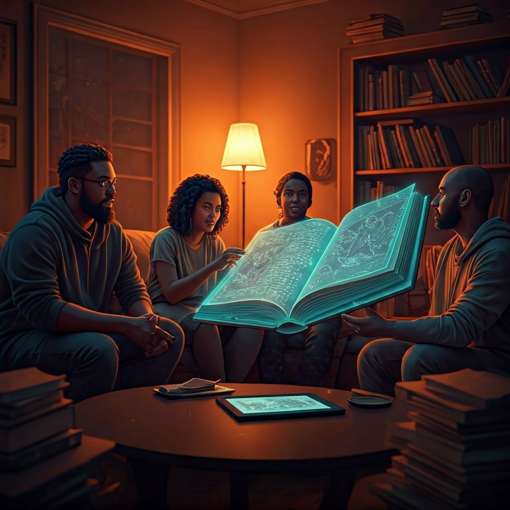 Modern readers share holographic scenes of ancient heroes in cozy room.