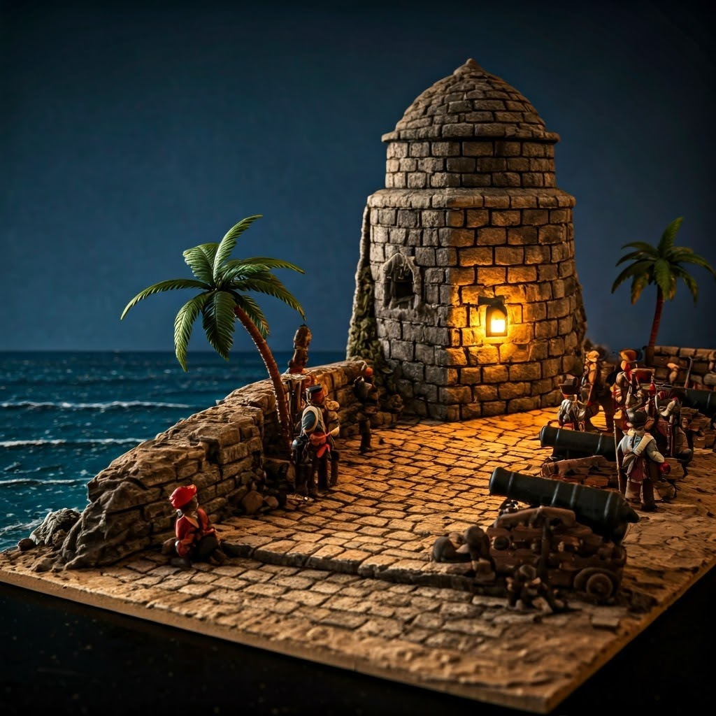 Stone coastal fortress with cannons facing the sea and Portuguese soldiers on watch at dusk