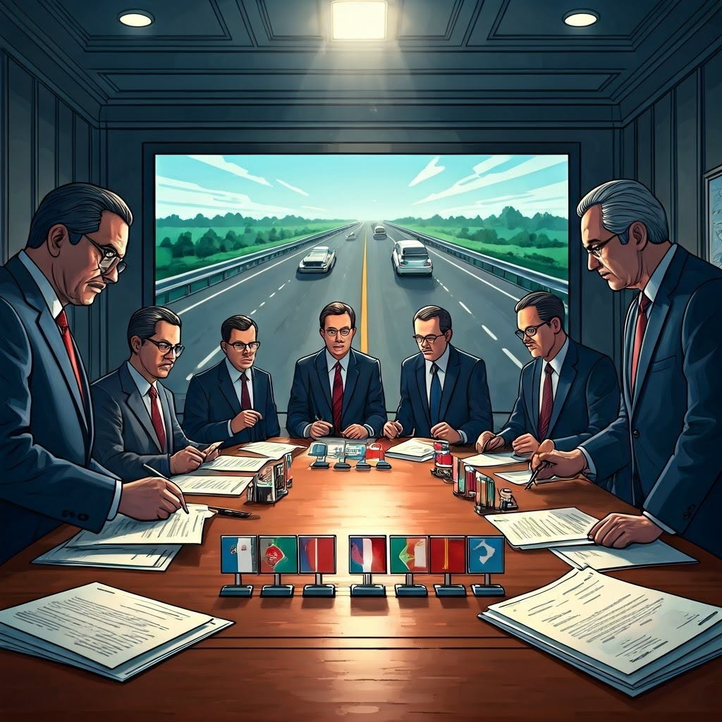 Regulators reviewing AV rules in a boardroom, underscoring complex policymaking