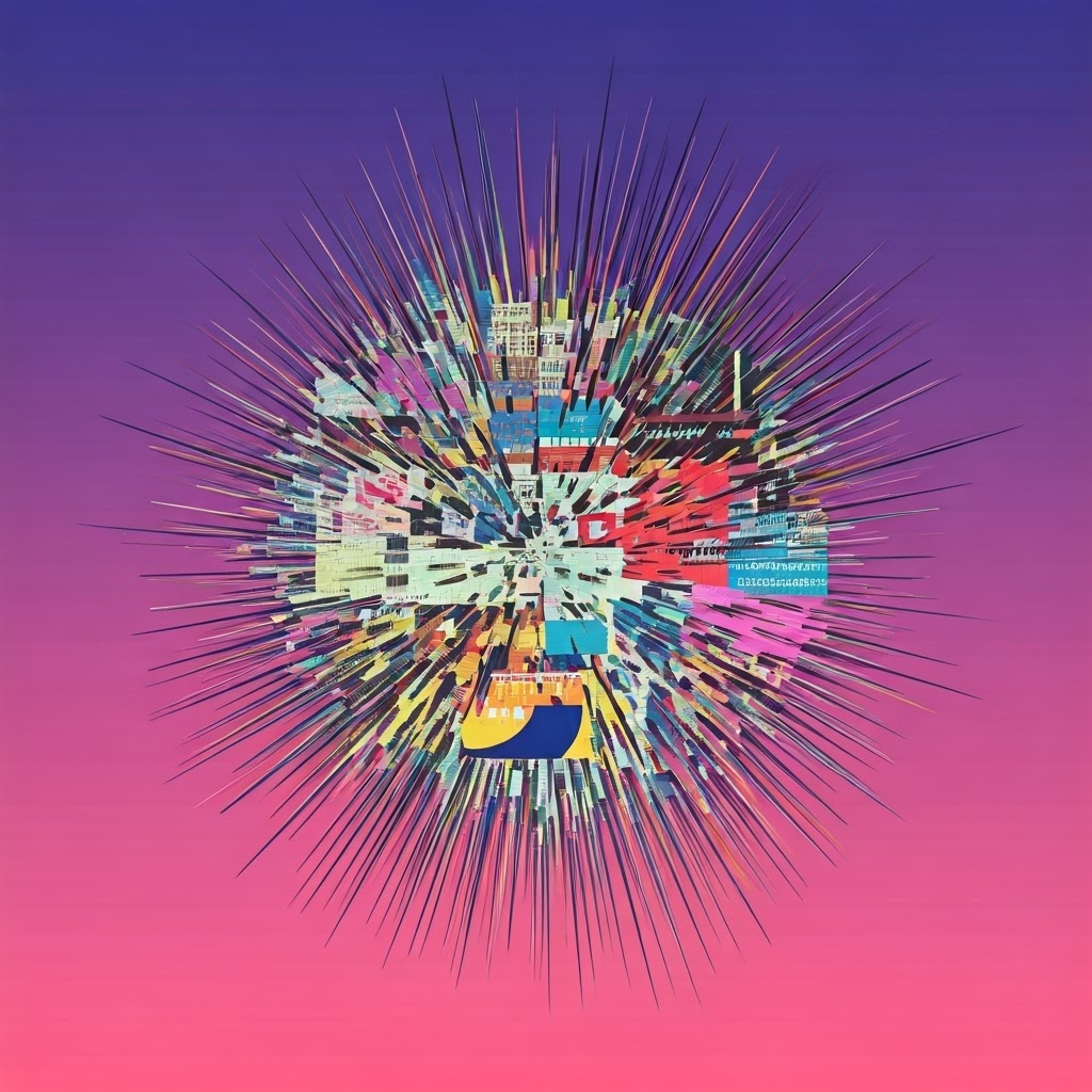 Scrolling social-media snippets explode into pixelated shards against a bright gradient, capturing today’s nonstop feed of mixed signals