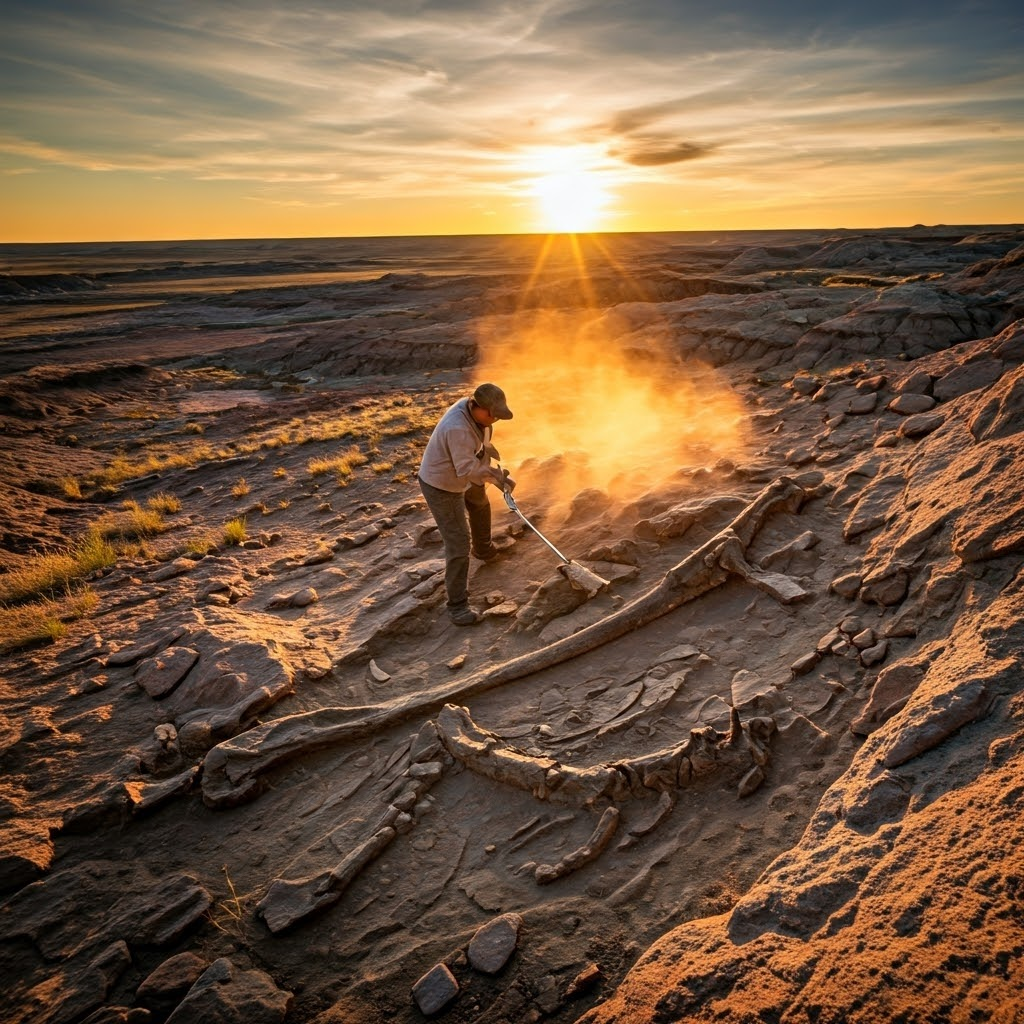 Field team in Wyoming badlands uncovering dinosaur bone below younger layers rich in tiny mammal teeth—capturing a mass-extinction boundary.