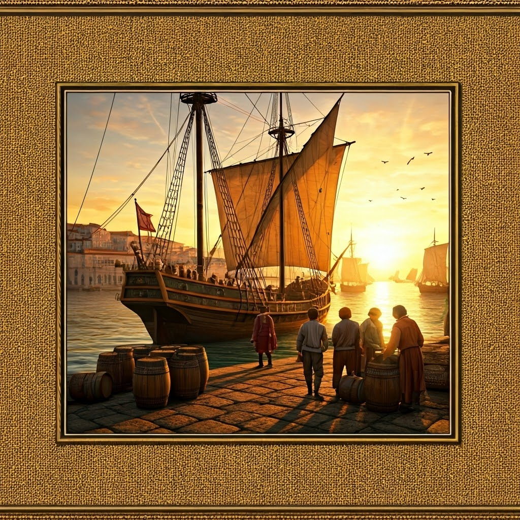 Sunrise at a 16th-century Lisbon dock where traders load pepper onto a Portuguese carrack, highlighting the dawn of Europe’s ocean trade riches