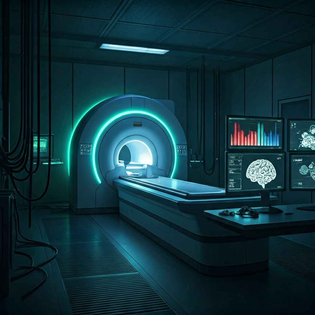 Futuristic lab with an fMRI scanner and a monitor displaying live brain maps