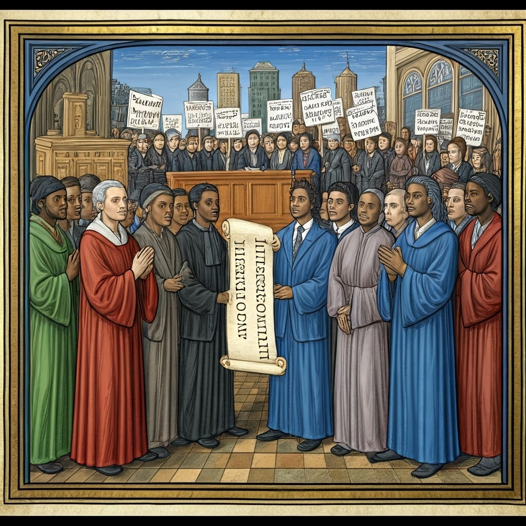 Illuminated manuscript page where diverse activists encircle a scroll labeled “Intersectionality.”