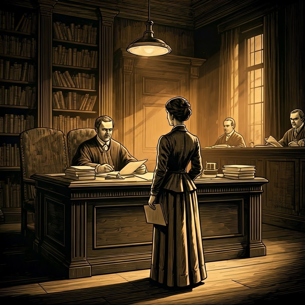 A dim Victorian-era personal library or solicitor’s office, a solitary woman standing before a stern judge in a wood-paneled courtroom, documents spread across a desk, overhead lamp casting shadows, women's legal documents held tight in her hand, she looks determined amid intimidating men, style: sepia-toned engraving reminiscent of 19th century courtroom illustrations, intricate linework and crosshatching, dramatic contrast, historic mood