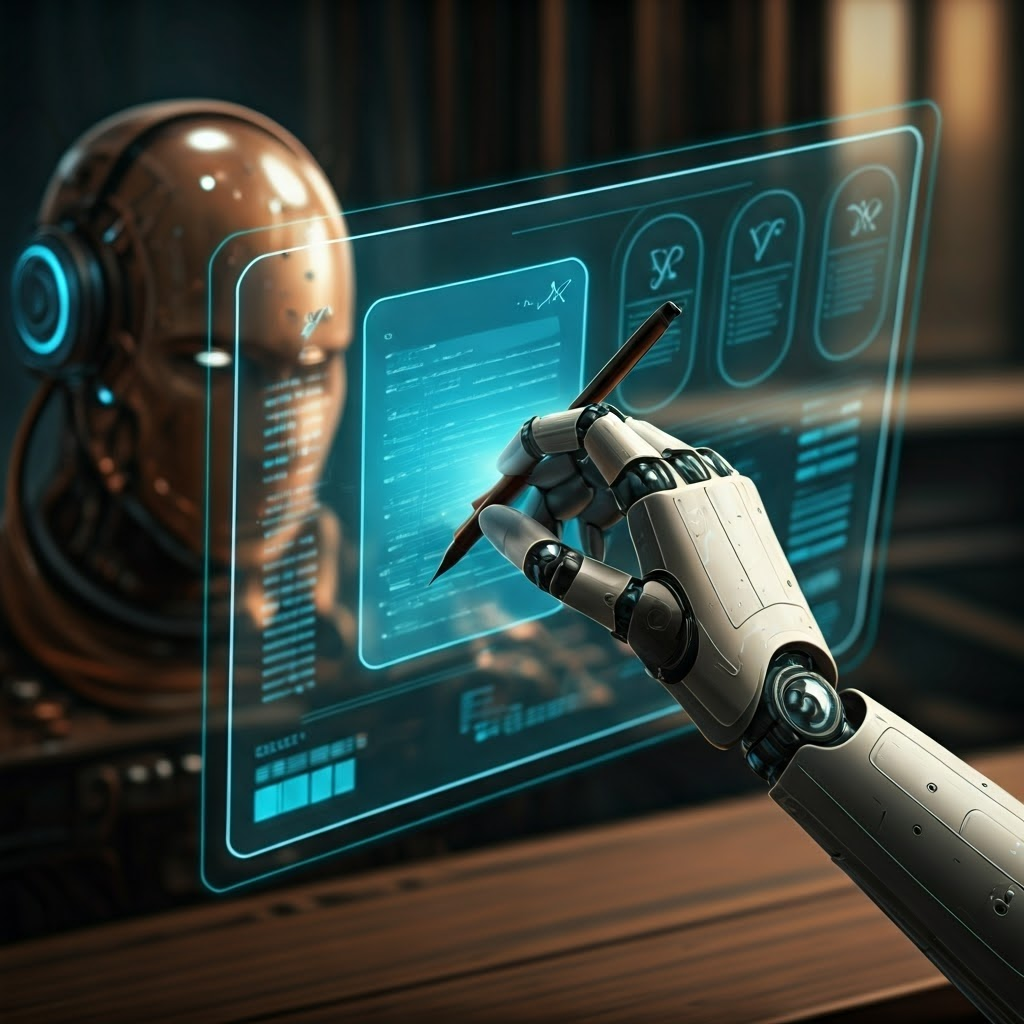 Robot hand writing position, angle, and speed on a floating holographic screen inside a workshop.