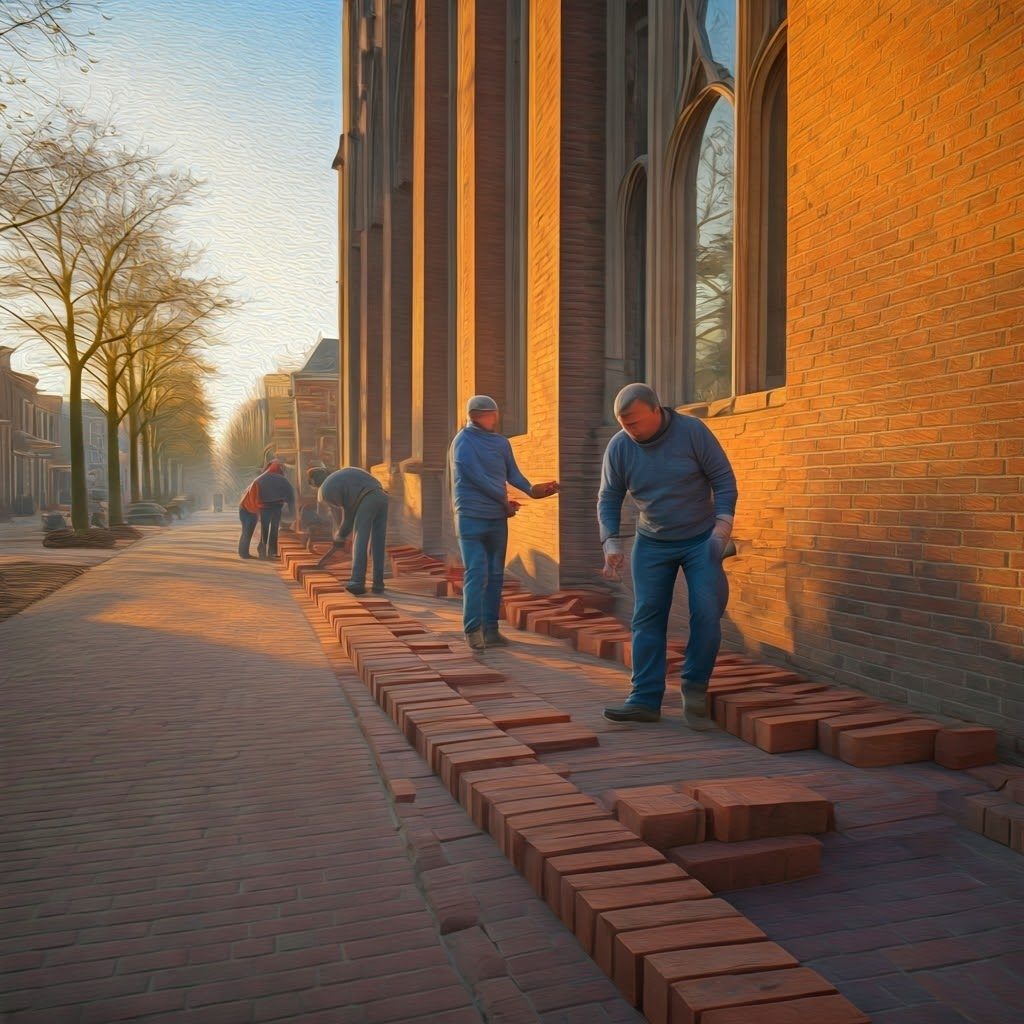 Citizens pass salvaged bricks hand-to-hand, restoring a church wall in morning light, reflecting collective effort.