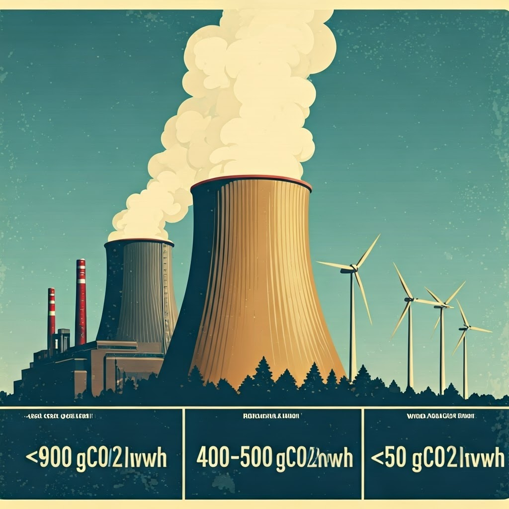 Retro poster lists carbon intensity for coal, gas, and renewables