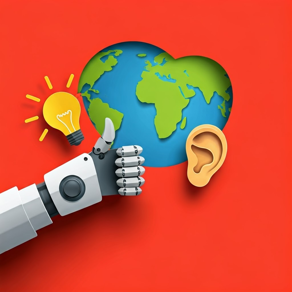 Robot arm gives thumbs-up beside icons of idea and ear, highlighting gesture-based communication across cultures