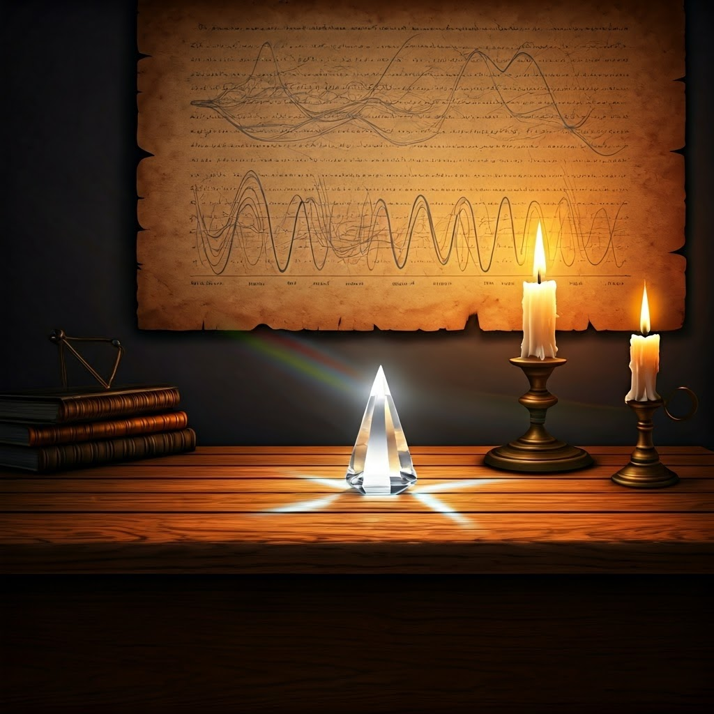 Crystal prism on a wooden desk splits white light into a rainbow, highlighting different wavelengths