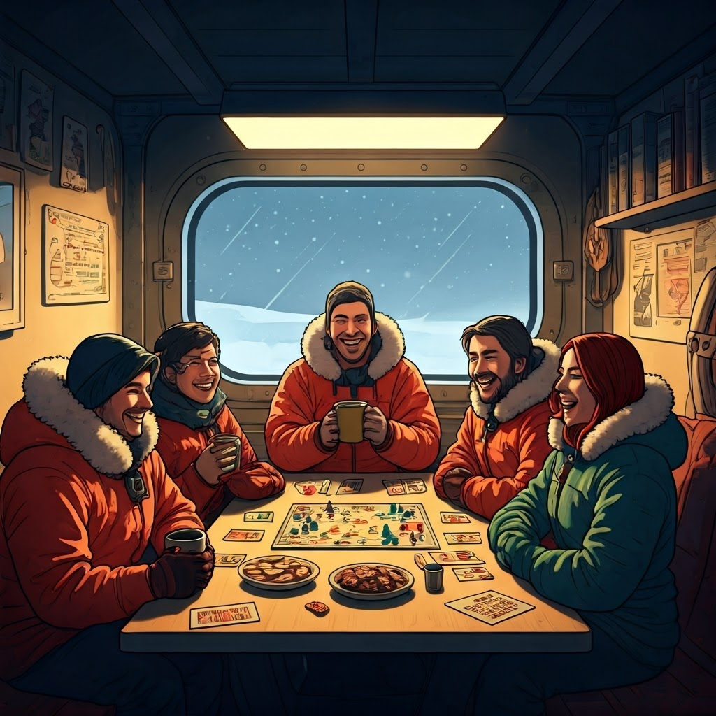 Winterers laugh over a board game under warm lights, sharing snacks in a cozy Antarctic common room.