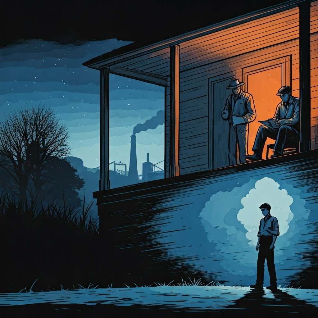 Farmer on porch with shortwave radio, student under streetlamp, worker dreaming of jeans