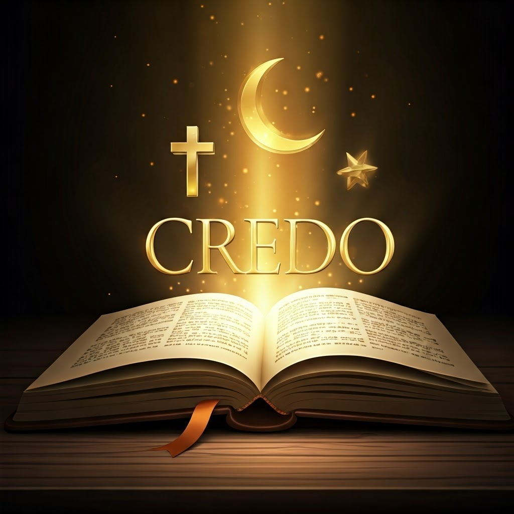 Ancient manuscript open to glowing Latin word “Credo,” surrounded by faint symbols of several faiths, highlighting shared roots.