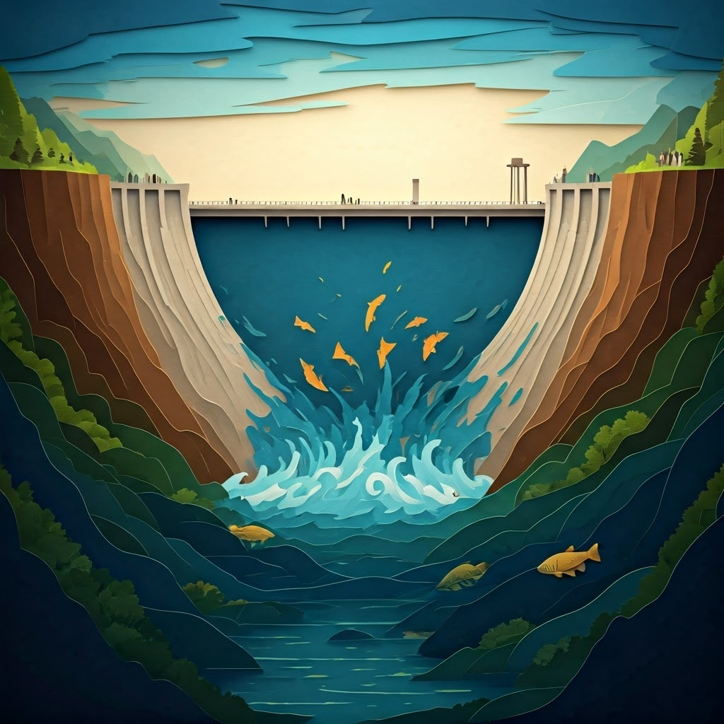Paper-cut collage of a dam with flowing water and leaping fish—illustrates hydropower and ecosystem care