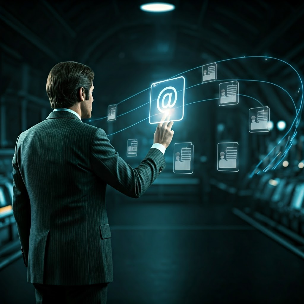 Futuristic scene of a 1970s engineer summoning holographic email icons, marking email’s origin.