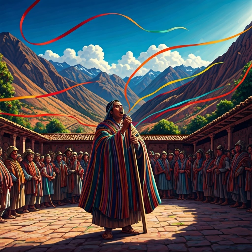 Energetic courtyard performance with a griot singing and villagers engaged, highlighting living oral tradition.