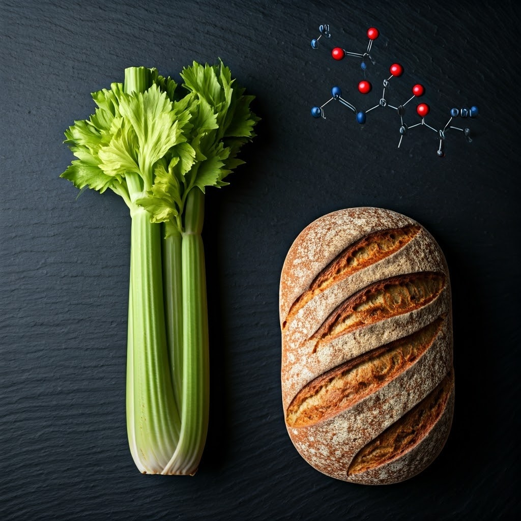 Celery overlaid with rigid cellulose rods beside airy bread dotted with pliable starch coils, contrasting crunch and softness.