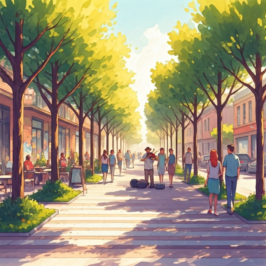 Wide, tree-shaded sidewalk with neighbors chatting, a violinist playing, and friends waiting at a crosswalk, illustrating a calm, inviting street.