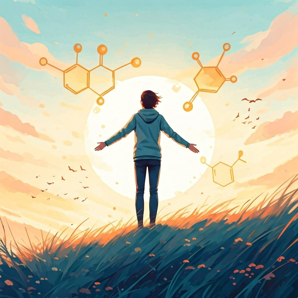 Person standing on pastel hill at dawn with golden serotonin symbols, symbolizing calm confidence and balanced mood.