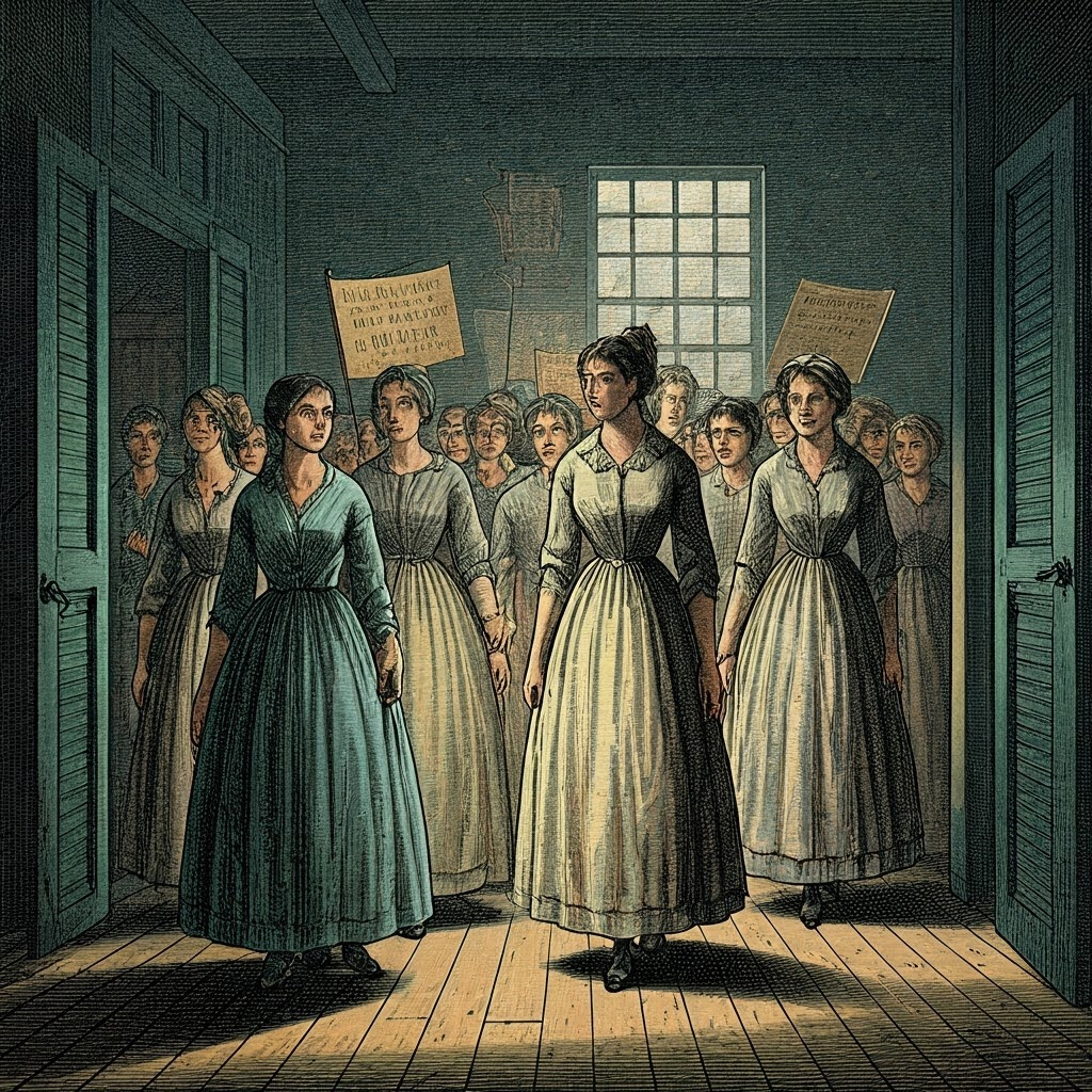 Women workers march out of a New England textile mill in the 1830s, holding homemade banners to protest wage cuts and high boarding fees.