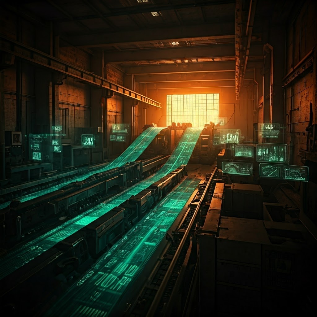 Stylized factory interior with glowing data streams weaving through machinery as staff test virtual switches