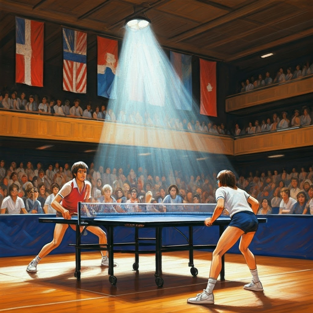 Dynamic scene of two 1970s table-tennis players under bright lights, flags overhead