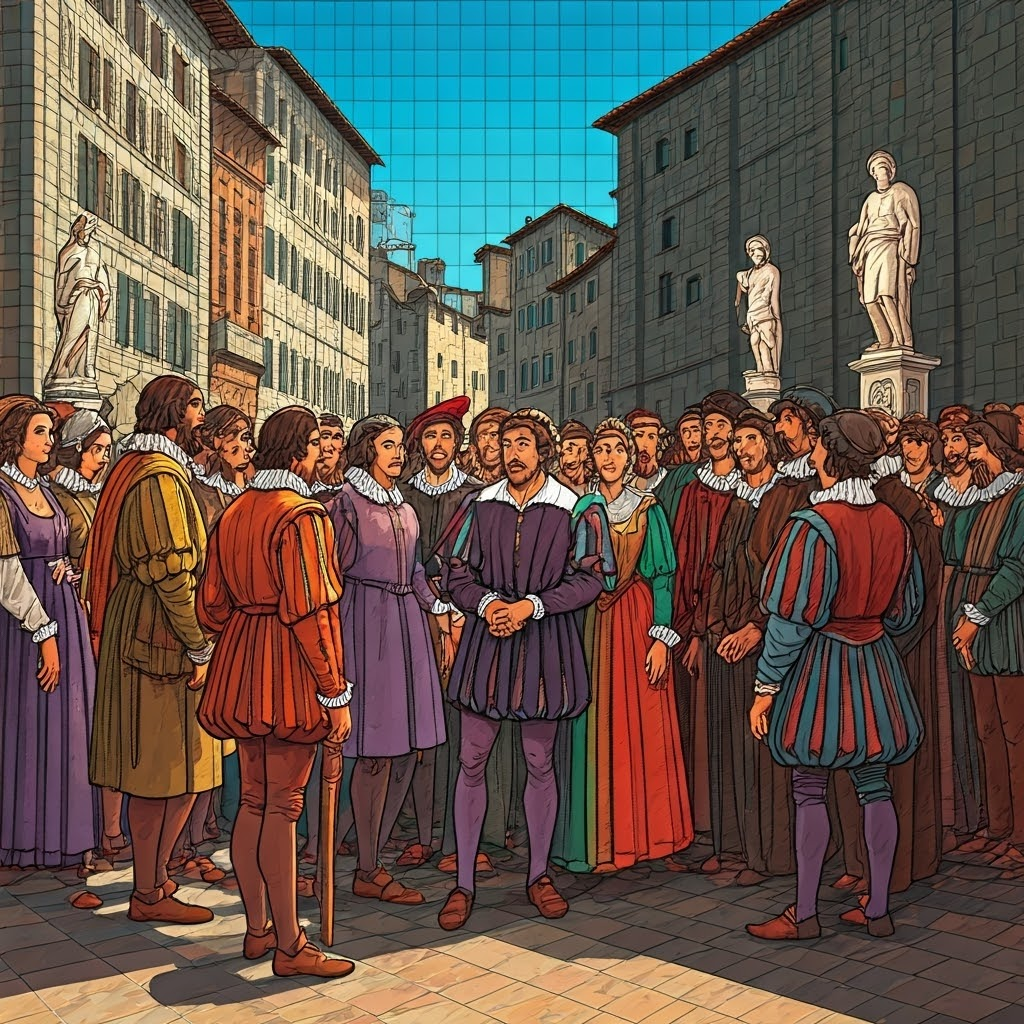 Citizens debate under guild banners in Florence, conveying learning merged with public life.
