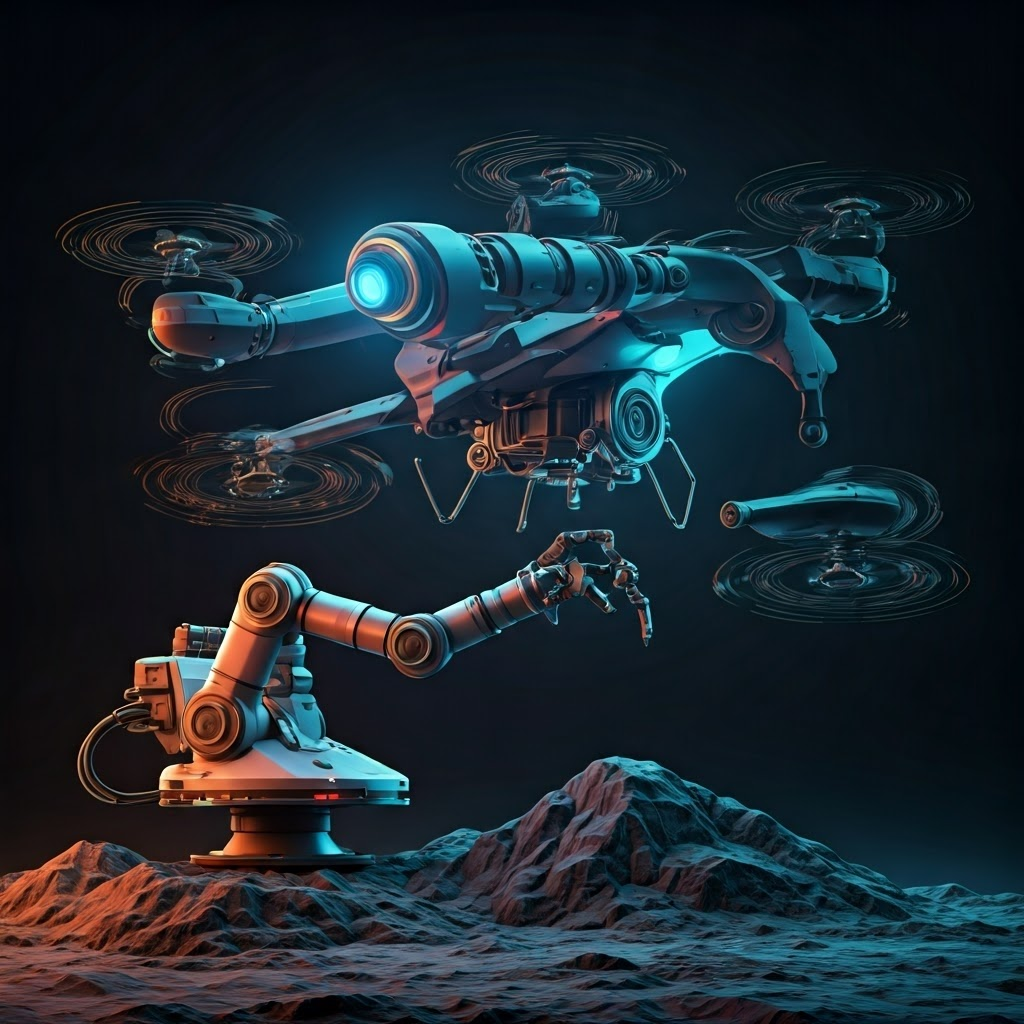 Futuristic robot arm assembling a rescue drone, with glowing highlights on bolts, bearings, and beams to show their critical roles.