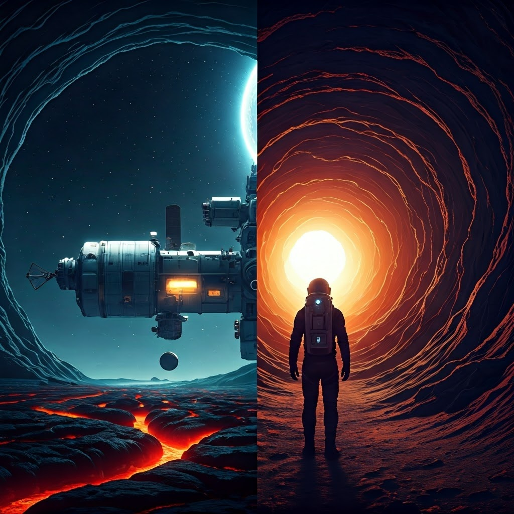 Composite of inflatable ISS module beside explorer entering lunar lava tube