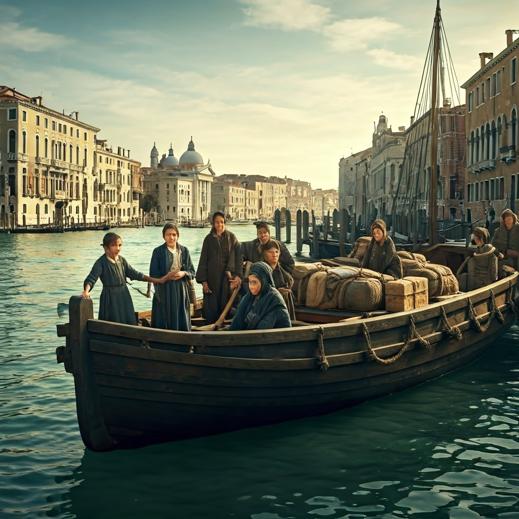 Jewish families boarding caravels at a bustling Mediterranean port, symbolizing post-1492 diaspora trade networks