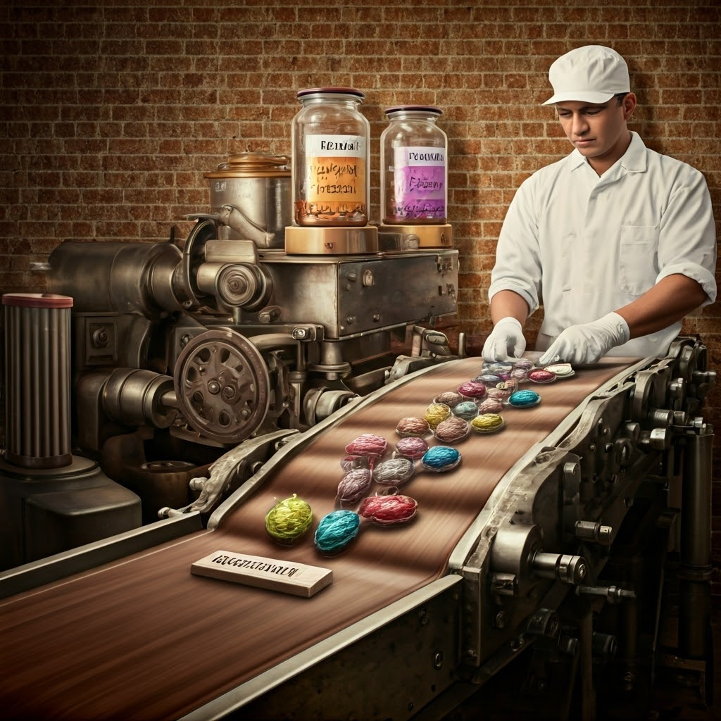 Factory conveyor turning cocoa beans into labeled neurotransmitter molecules with B-vitamin crates overhead.