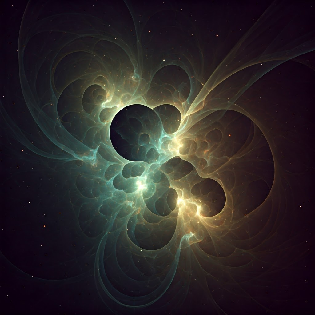 Close-up 3D render of tangled gas threads and calm dust pockets inside a dark nebula